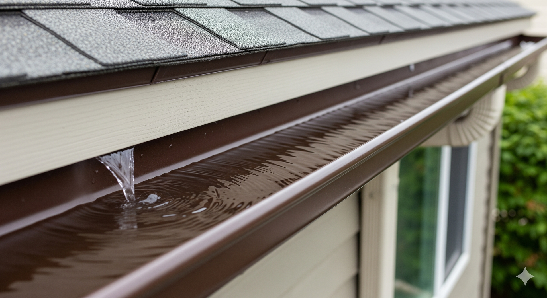 Close-up of gutters protecting foundation from water damage with rain flowing safely away from house