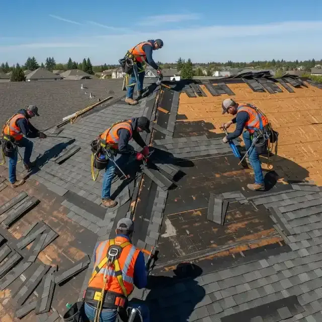 A man is cleaning the roof of a house with a high pressure washer.