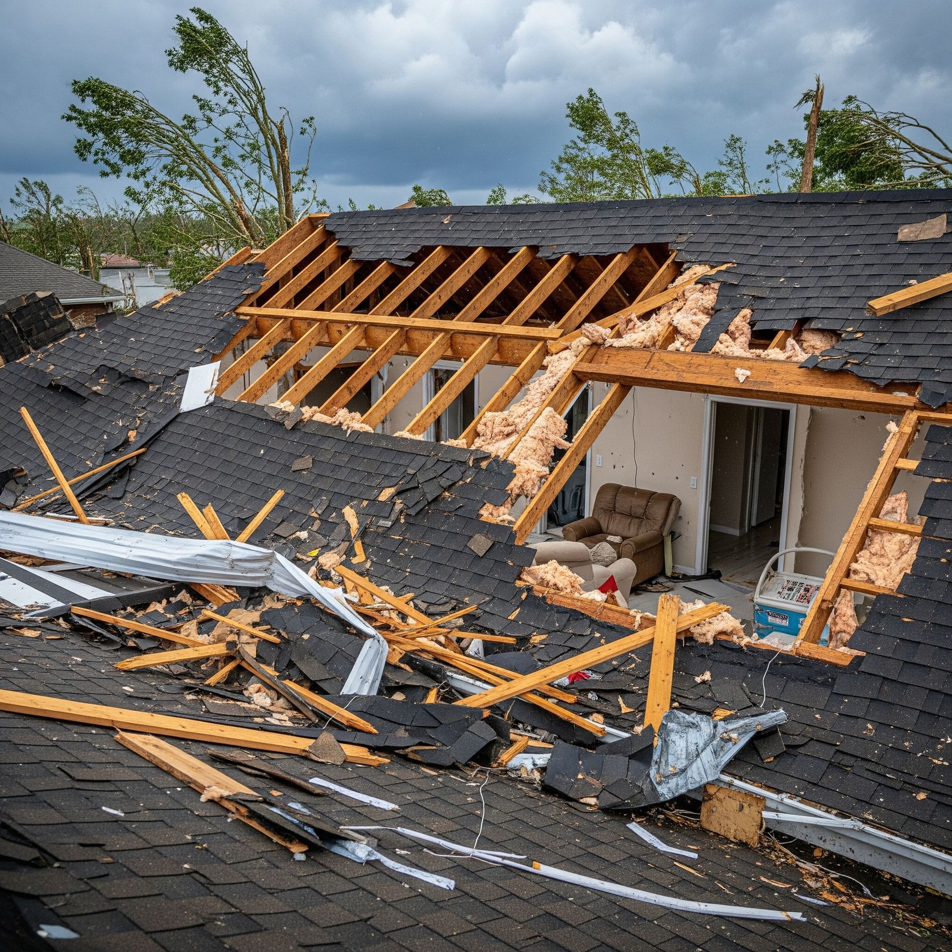 Storm damage signs on a roof in Virginia after severe weather