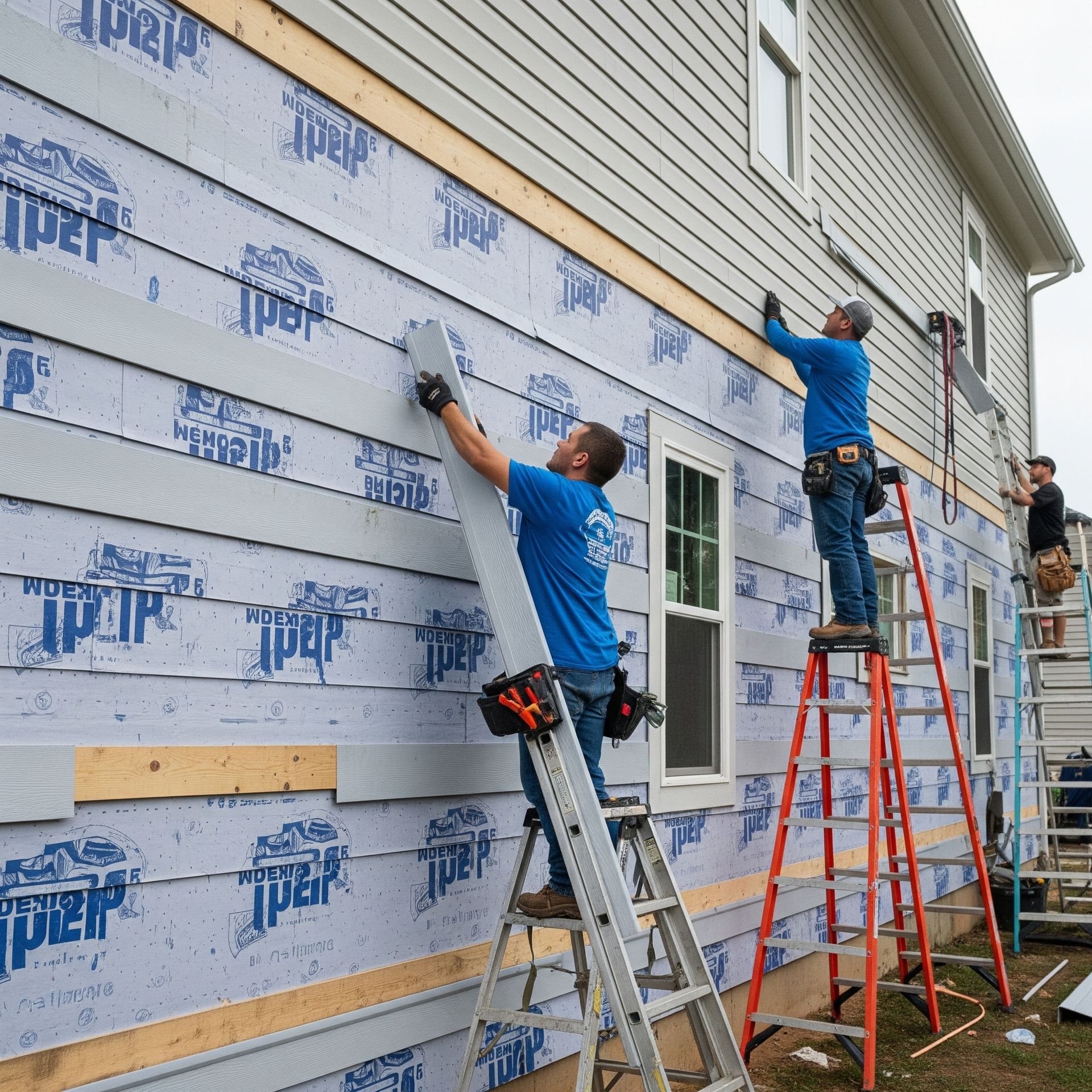A man on a ladder is working on the side of a house