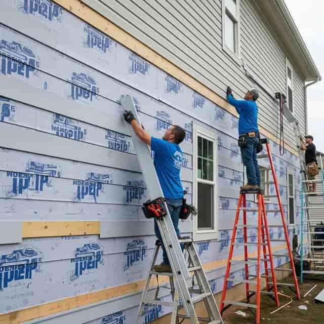 A man is installing siding on the side of a building.