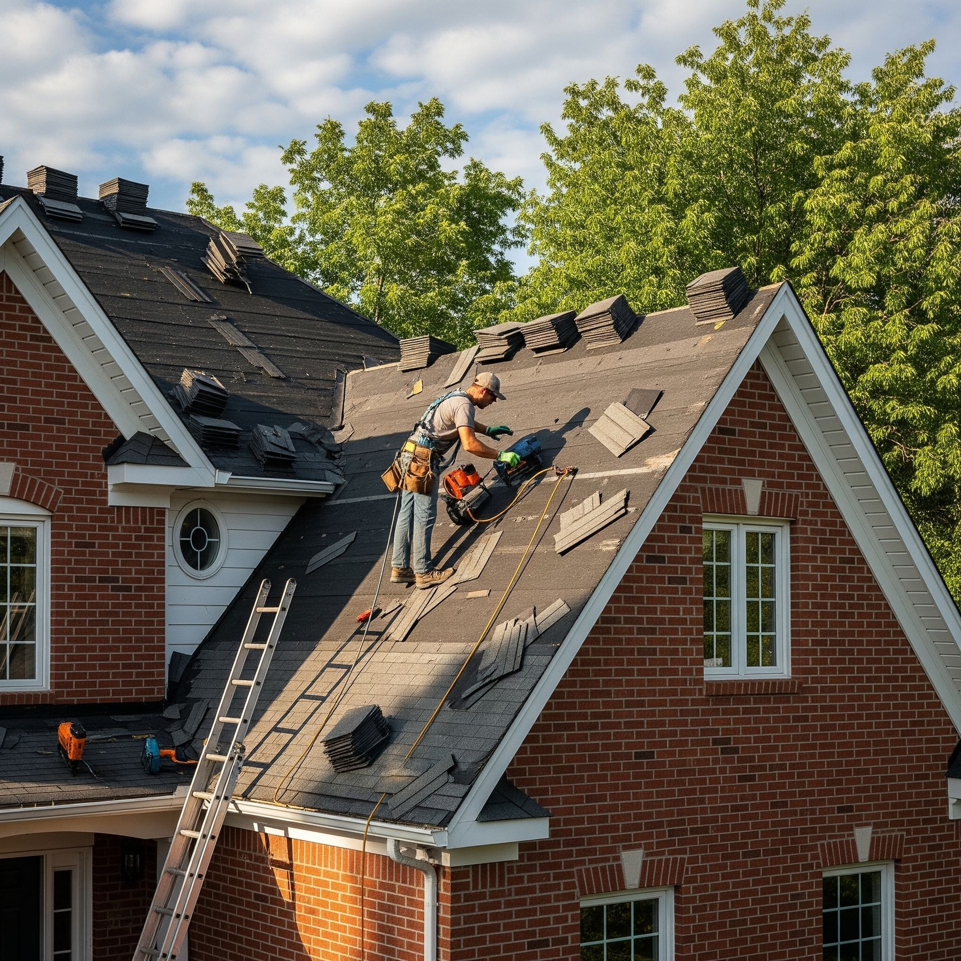 A man is working on the roof of a brick house