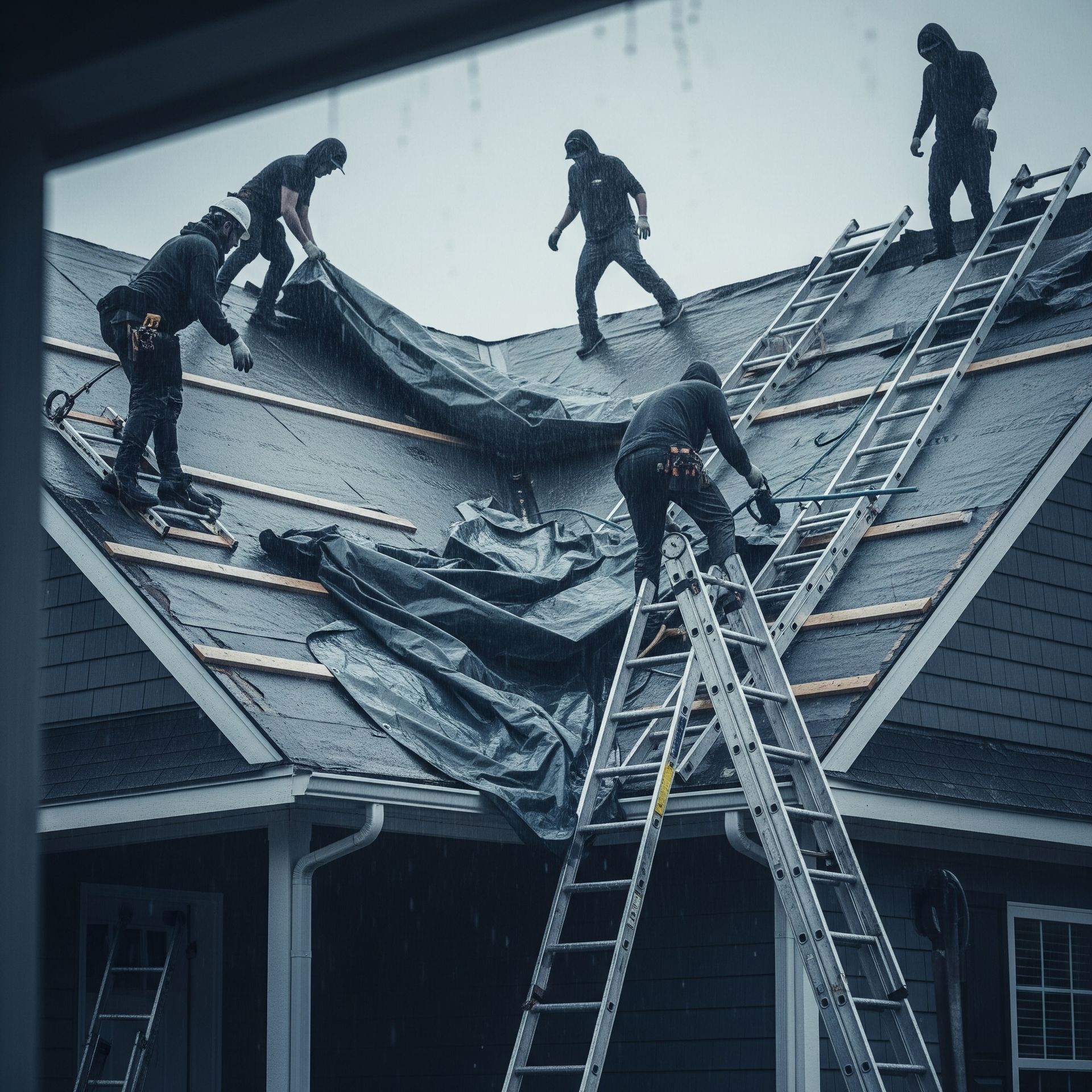 A group of men are working on the roof of a house.