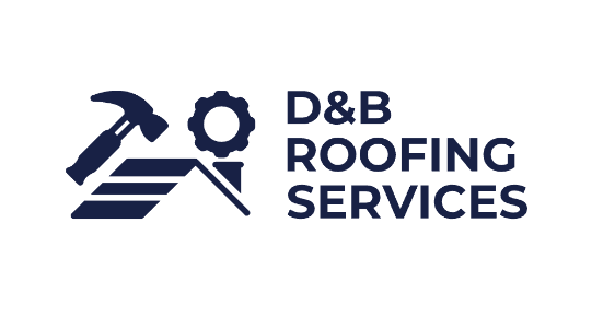 A logo for d & b roofing services with a hammer and gear.