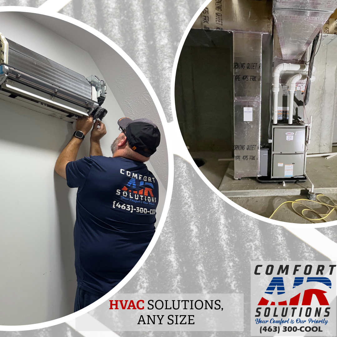 HVAC technician working on system with a heating and cooling system in a home. The logo, 