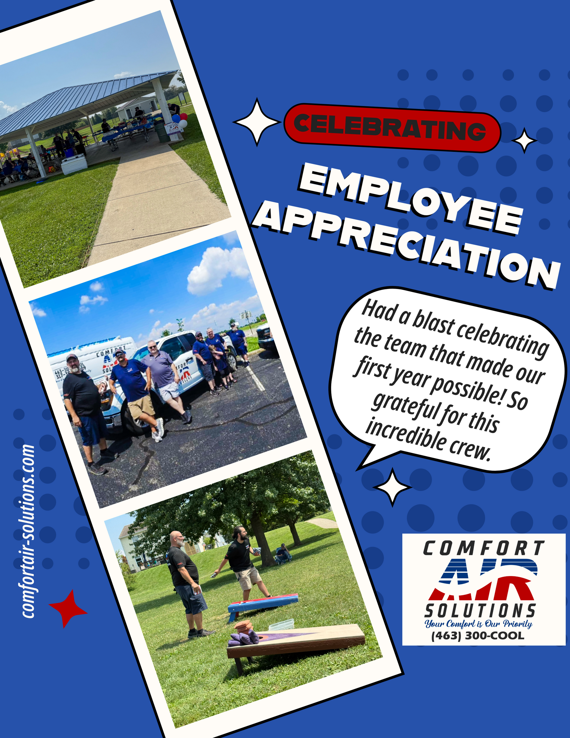 Employee appreciation event: people playing games, with picnic area and company logo on blue background.
