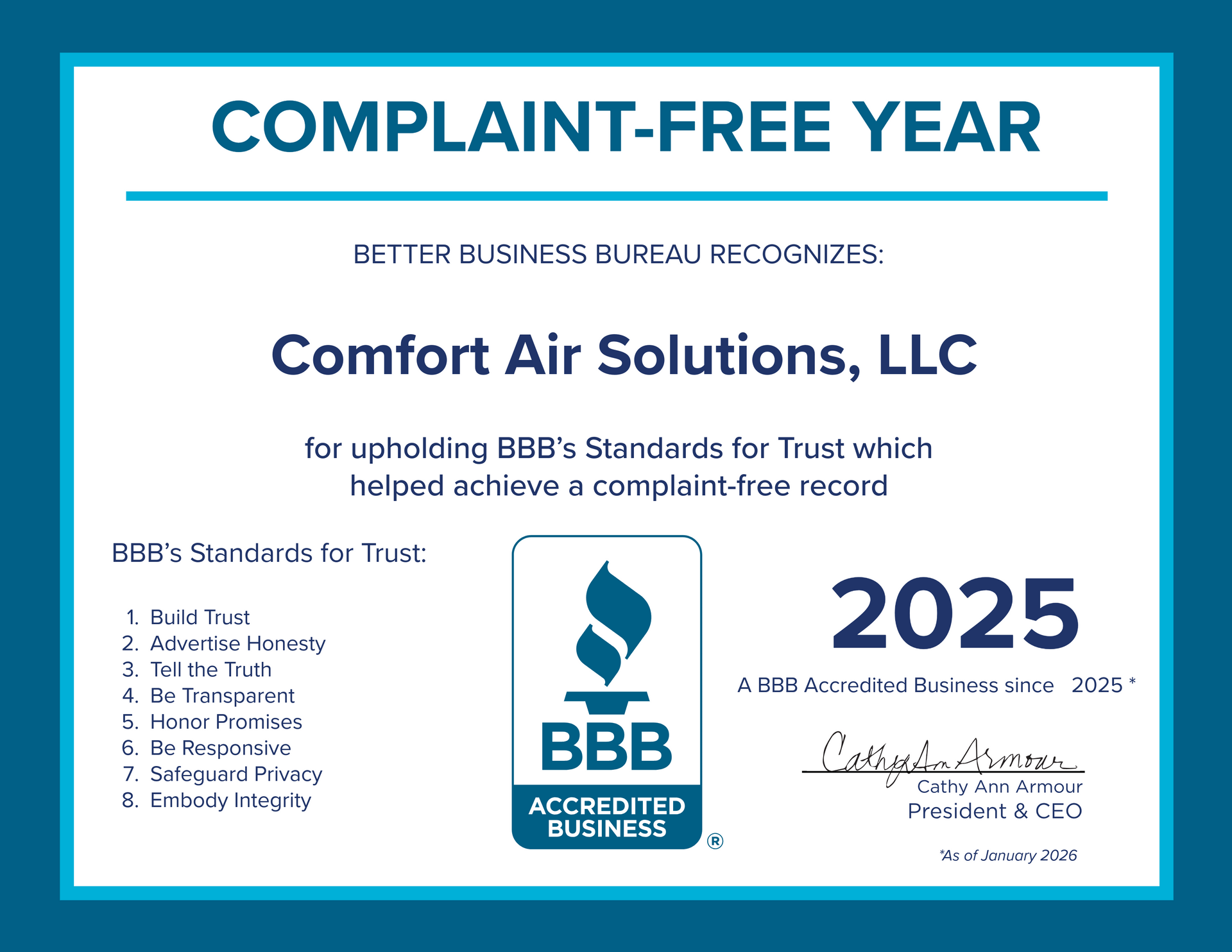 Better Business Bureau certificate for Comfort Air Solutions, LLC, showing a complaint-free year in 2025.