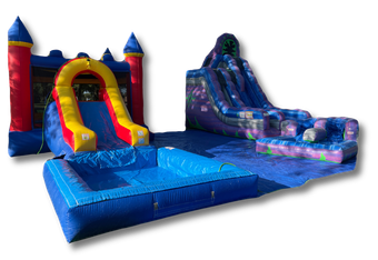 an inflatable water slide with a ladder attached to it .
