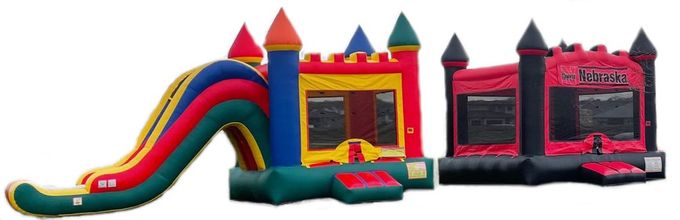 a bouncy castle with a slide attached to it .
