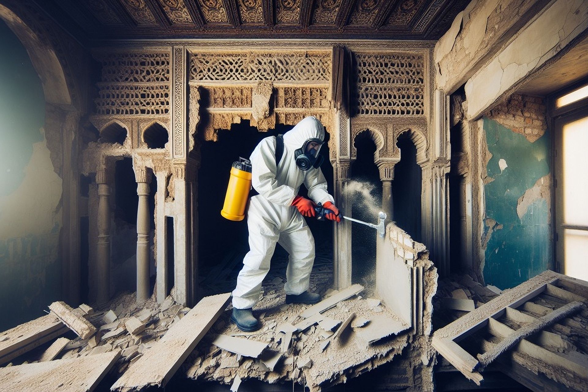 A man in a protective suit is spraying a wall in an abandoned building.