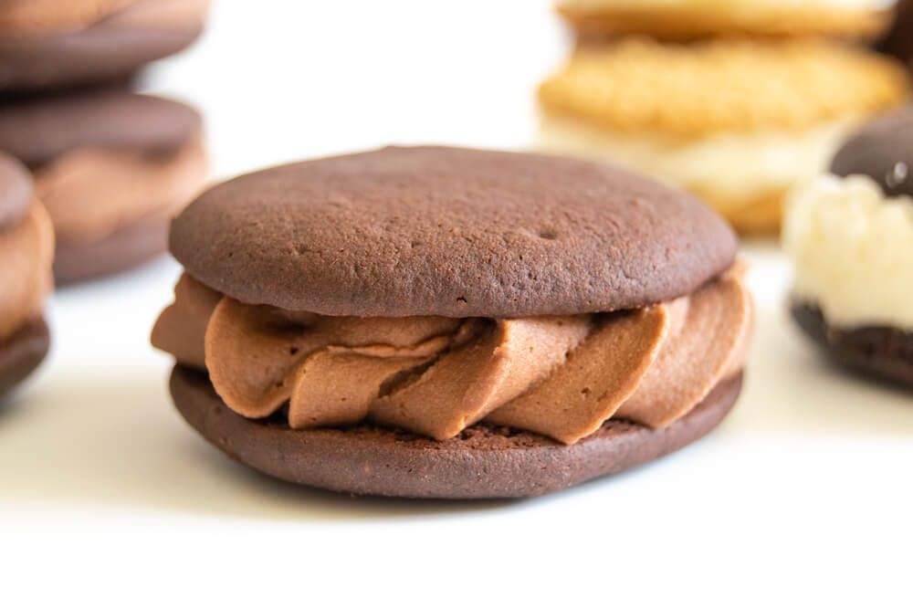 close up of double chocolate whoopie pie created by A Cherry On Top, Isle of Wight. Photograph by Mooksgoo