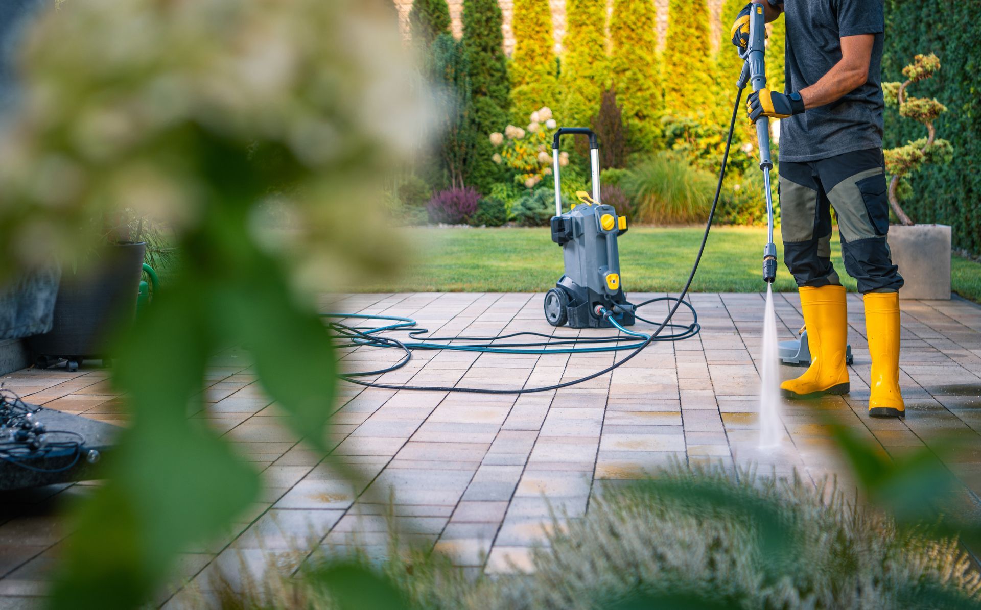 A man is using a high pressure washer to clean a patio.