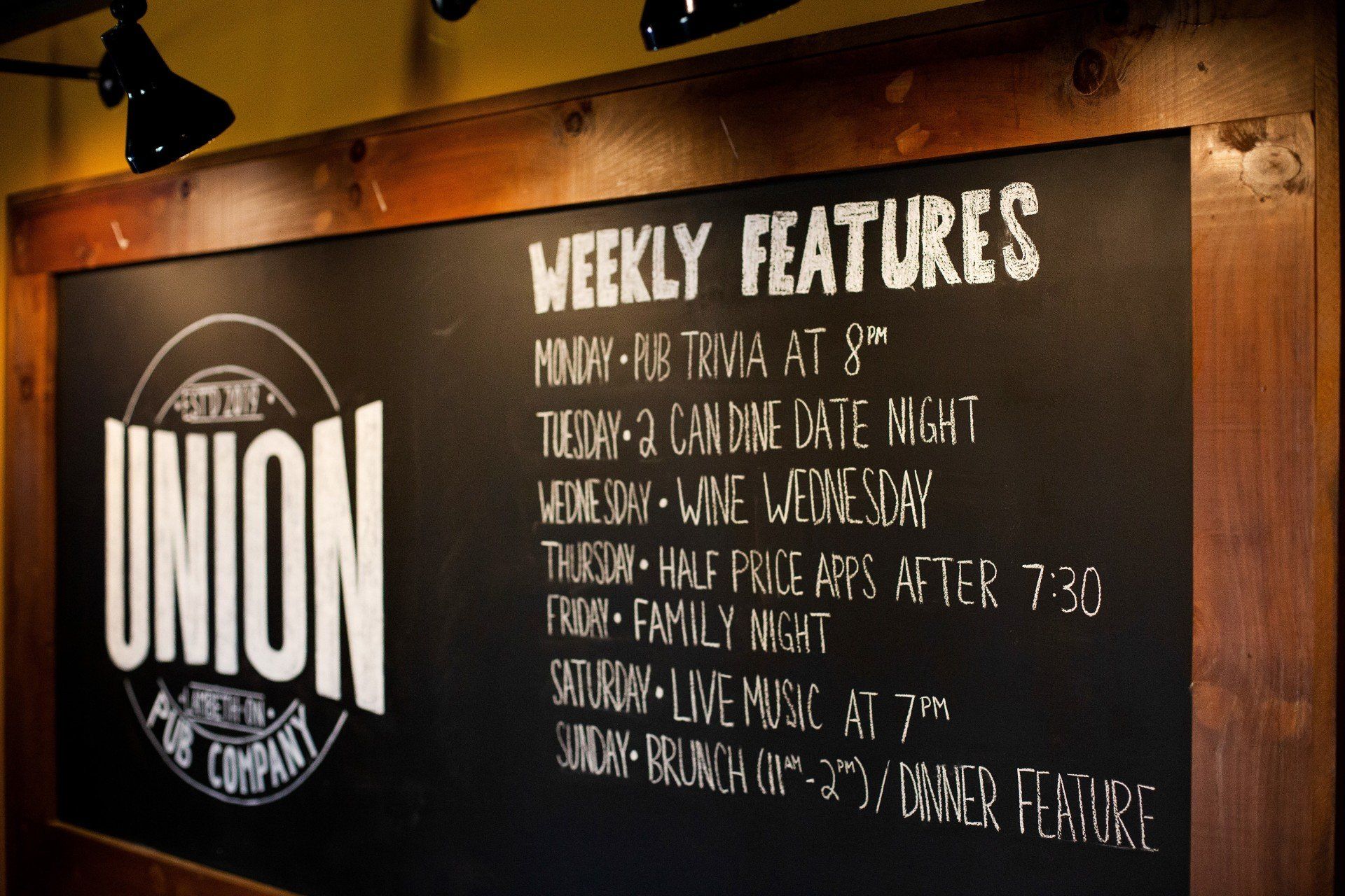 Chalkboard menu at Union Brewery, listing weekly features.
