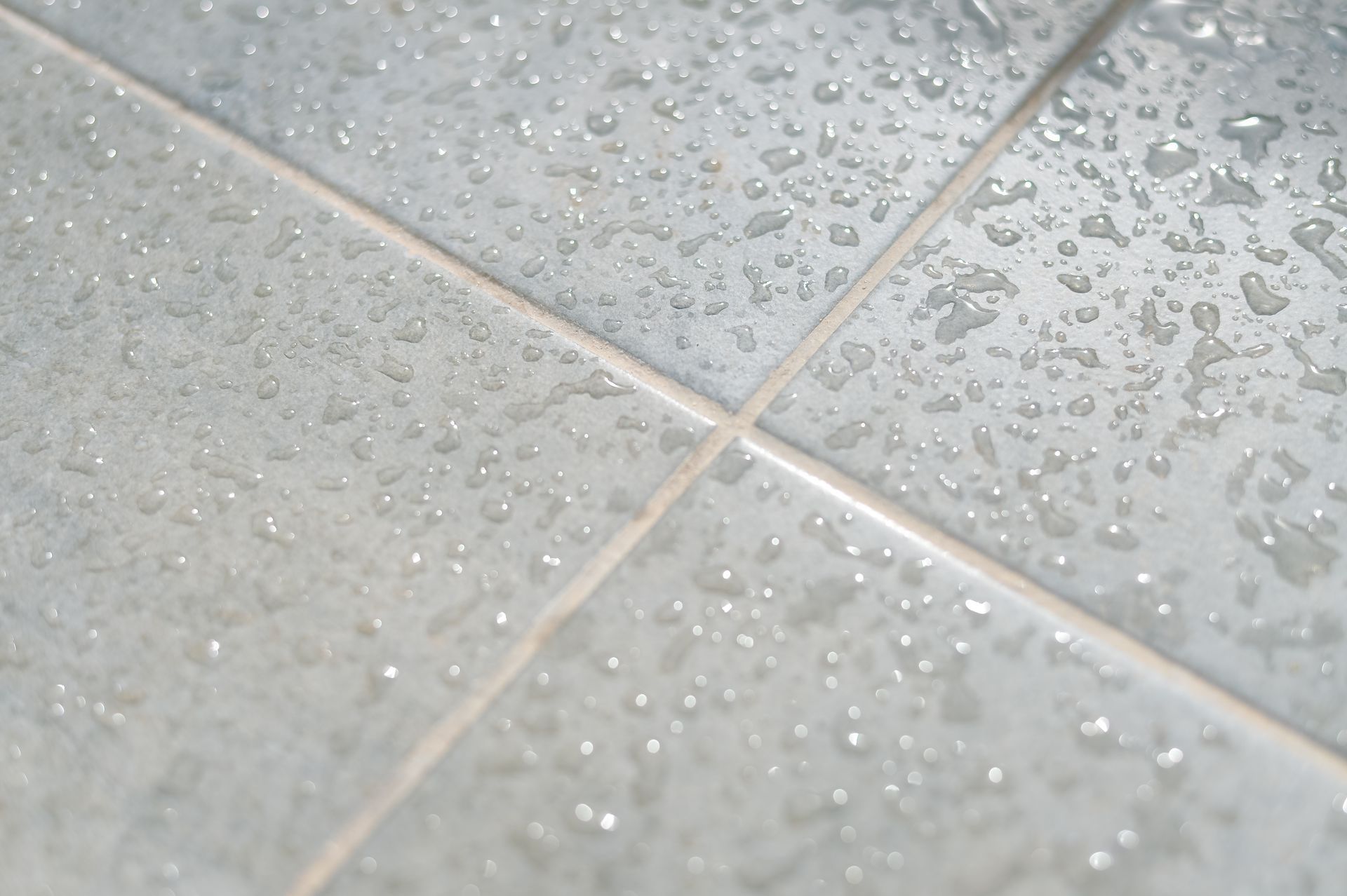 Water droplets on pale blue tiles, grout lines visible.