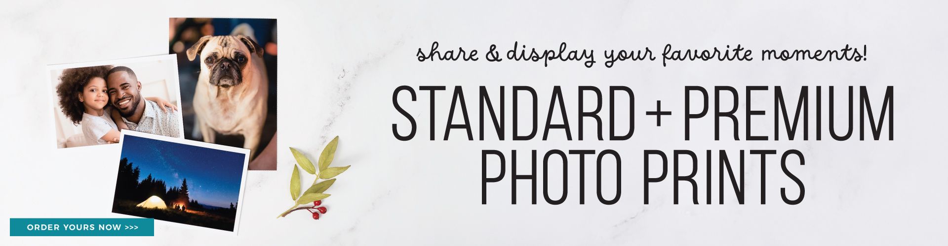 Text overlay reads: Share & print your favorite moments! Standard & Premium Prints. 
Background image: three photo prints of a parent w/ child, dog, and evening landscape arranged next to text overlay. 
Button reads: Order yours now.
