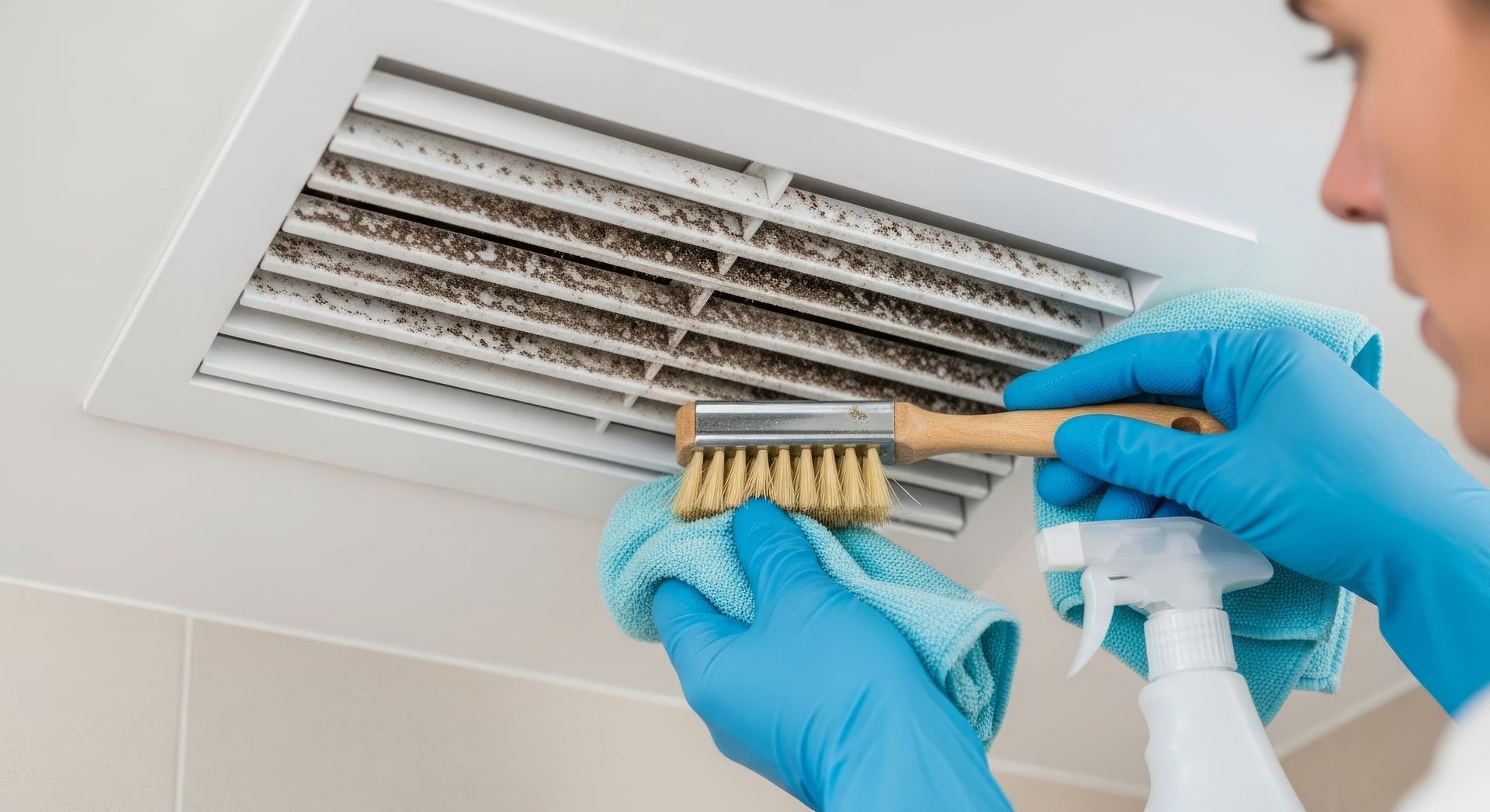 Person cleaning a ceiling air vent with a brush and spray bottle, wearing blue gloves
