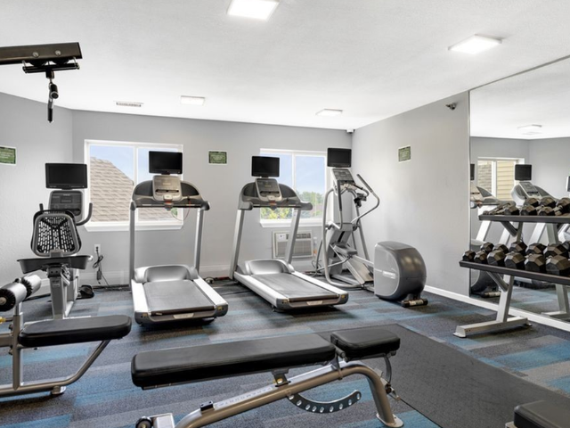 Interior community gym with cardio machines, free weights, and mirrors.