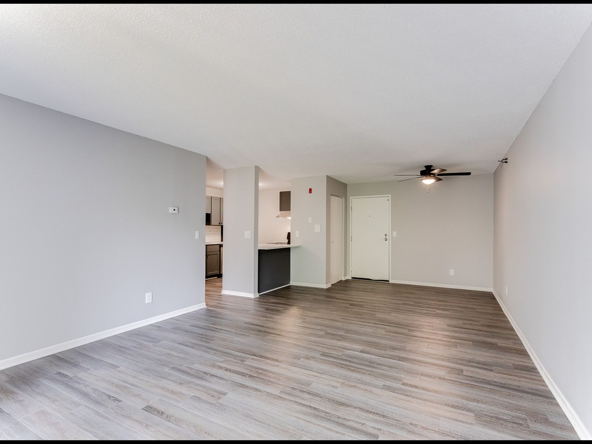 Open-concept living area with gray walls, wood-look flooring, and a kitchen island.