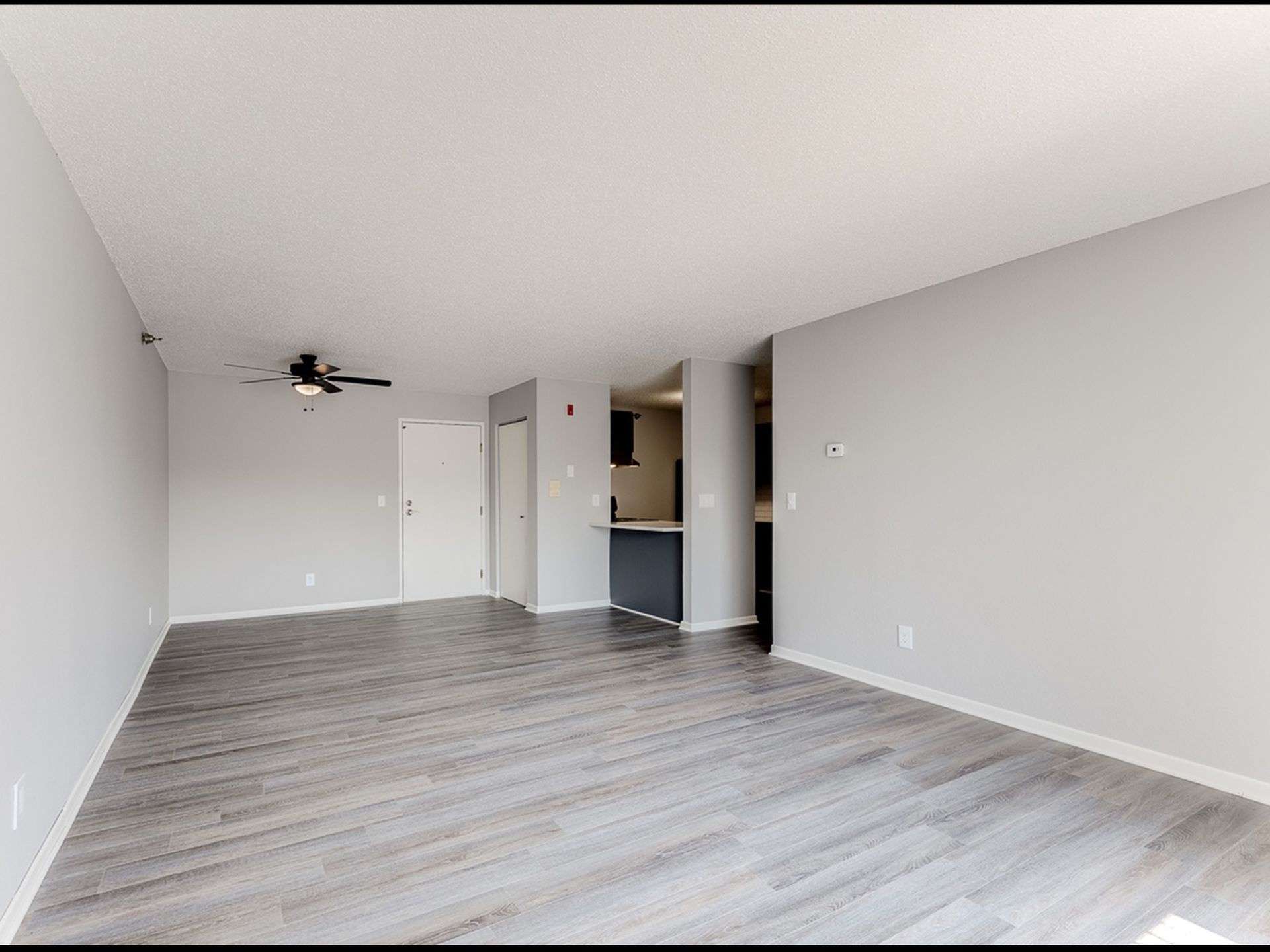 Open-concept living room in an apartment with gray walls, wood-look flooring, a ceiling fan, and kitchen pass-through.