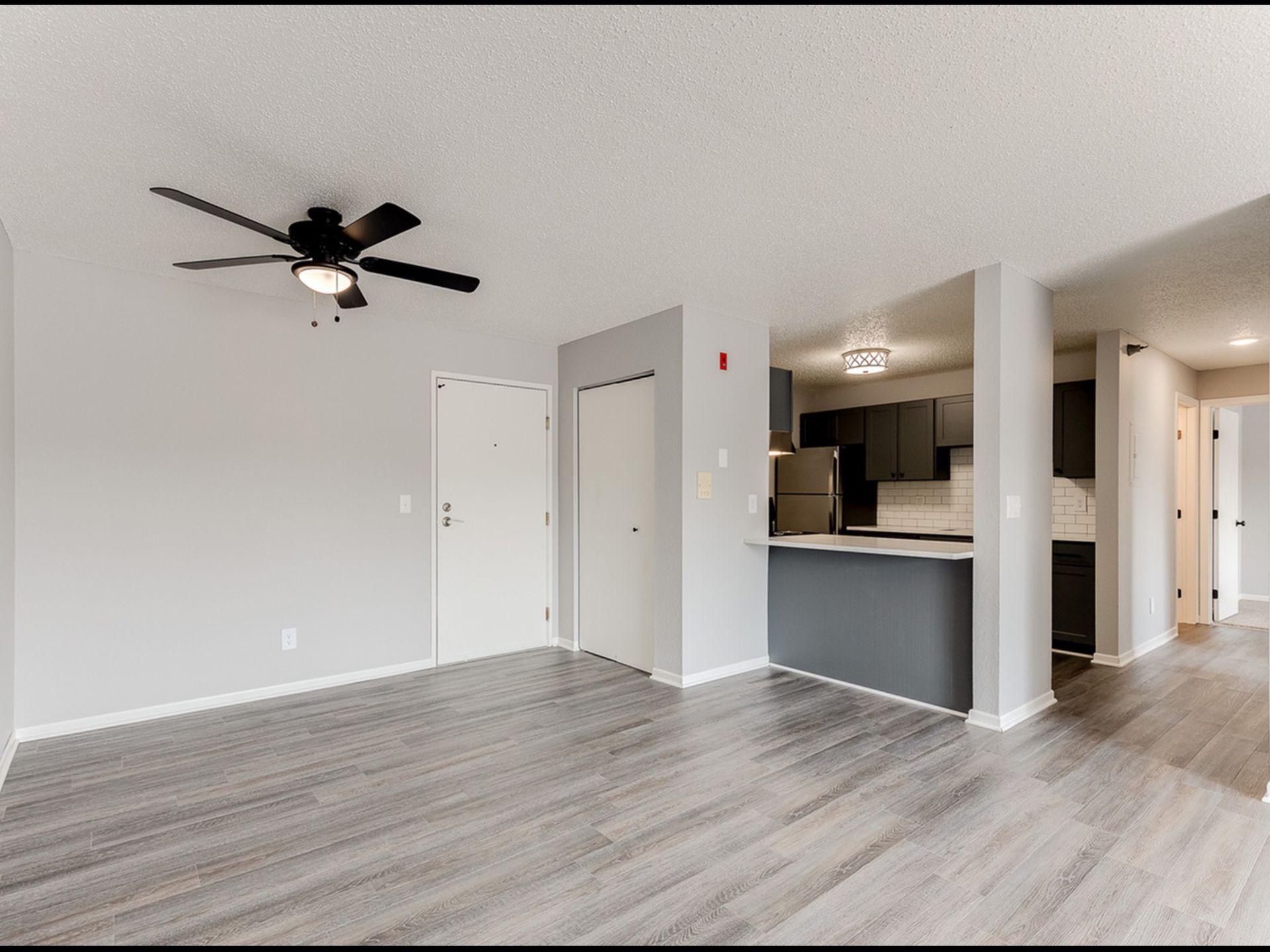 Living area with gray walls, wood-look flooring, ceiling fan, and open kitchen.