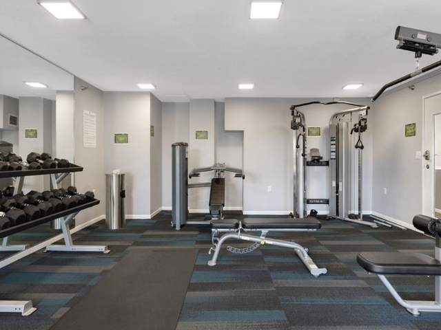 Indoor community gym with free weights, weight machines, and a bench area.