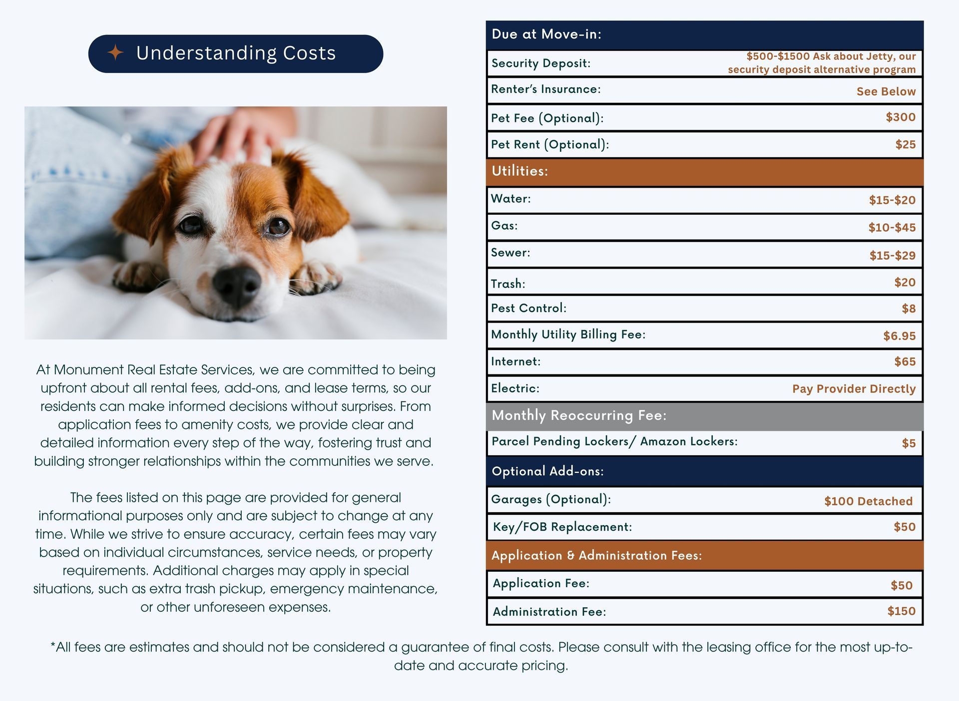 Dog lying down with cost information table.