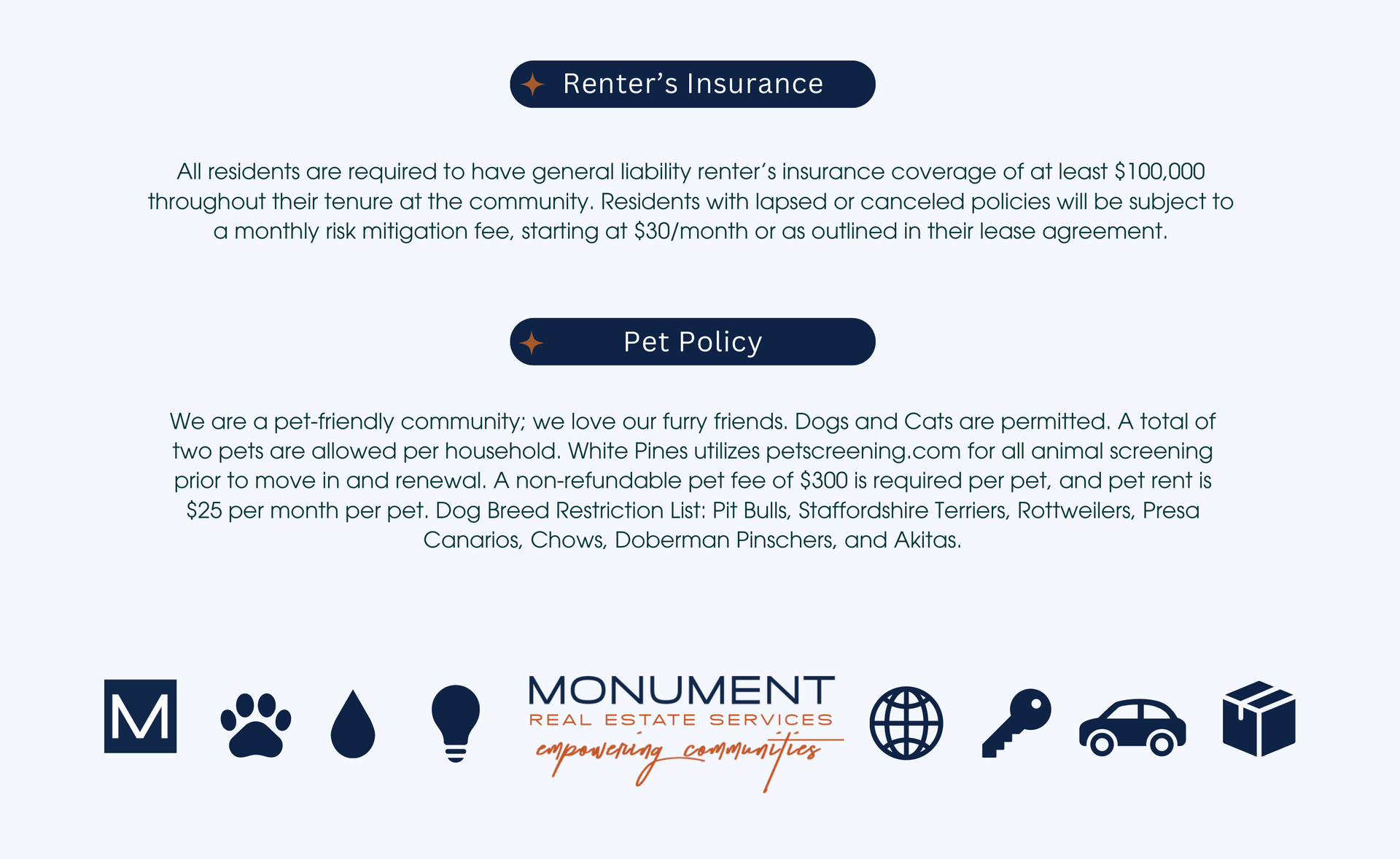 Text regarding renter's insurance and pet policy with logo of Monument Real Estate Services.