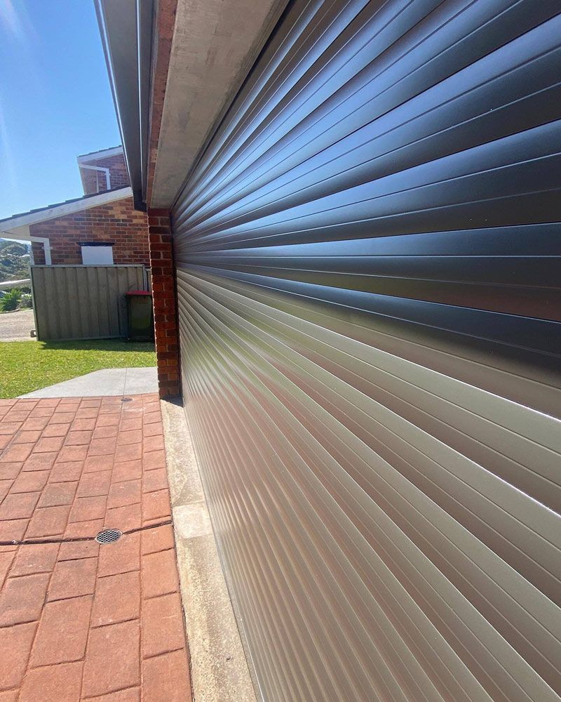 A close up of a garage roller door.
