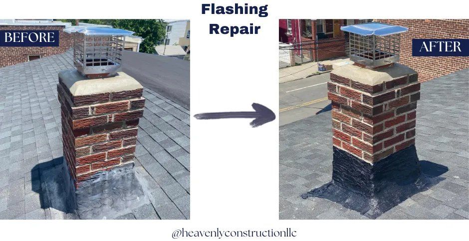 Before and after comparison that shows Heavenly Construction's roof flashing repair on a chimney.