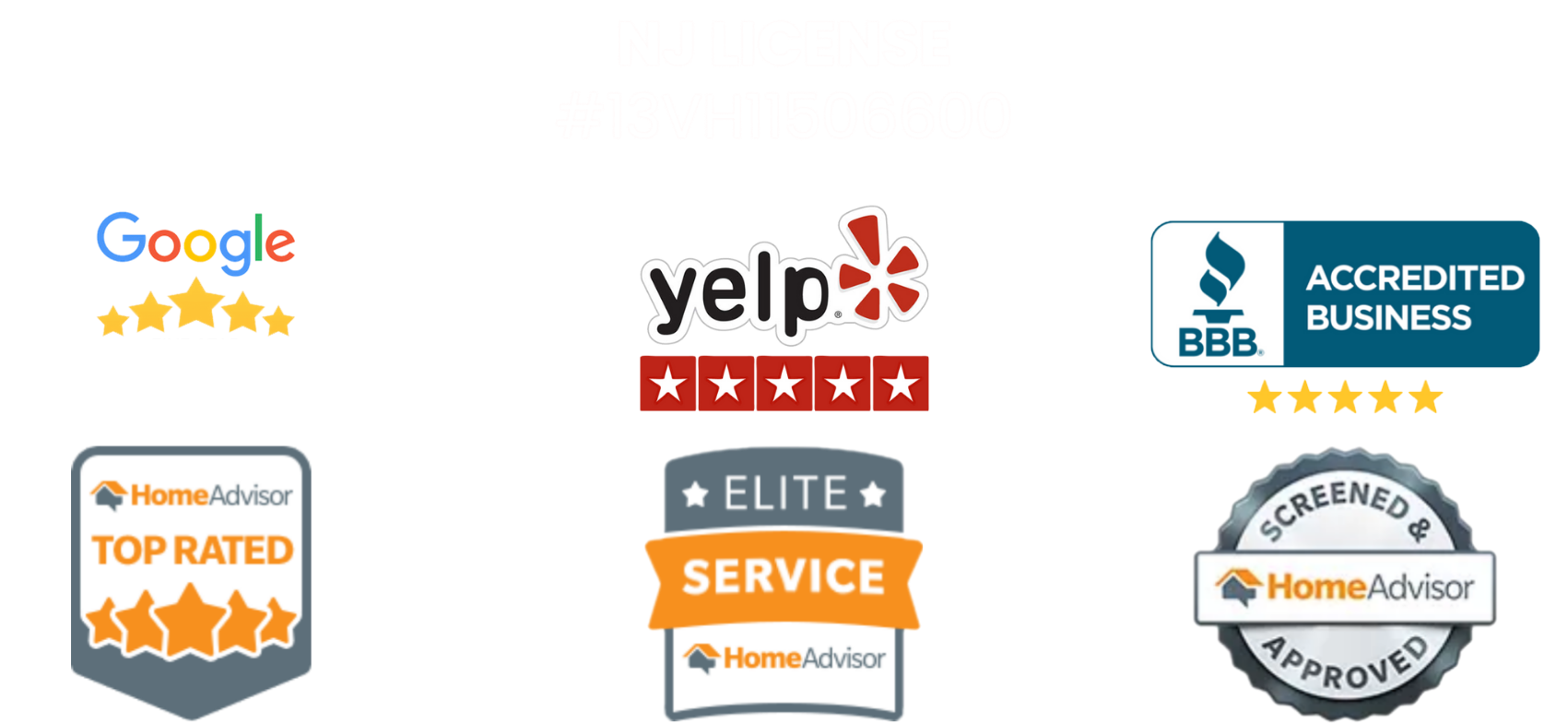 Positive review badges from HomeAdvisor, Yelp, Google, and the BBB.