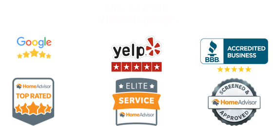 Positive review badges from HomeAdvisor, Yelp, Google, and the BBB.