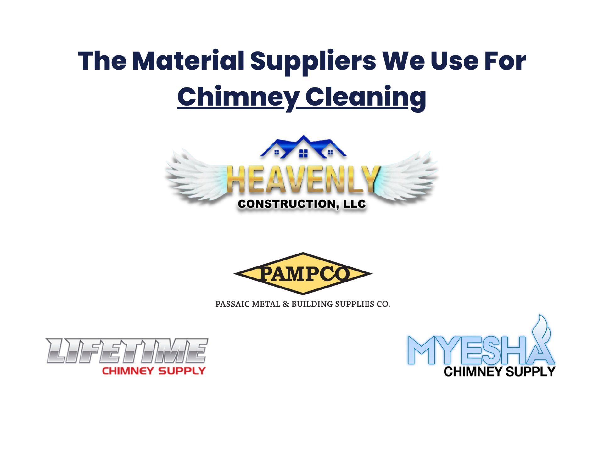 Lifetime Chimney Supply, Pampco Passaic Metal & Building Supplies Co. & Myesha Chimney Supply logos.