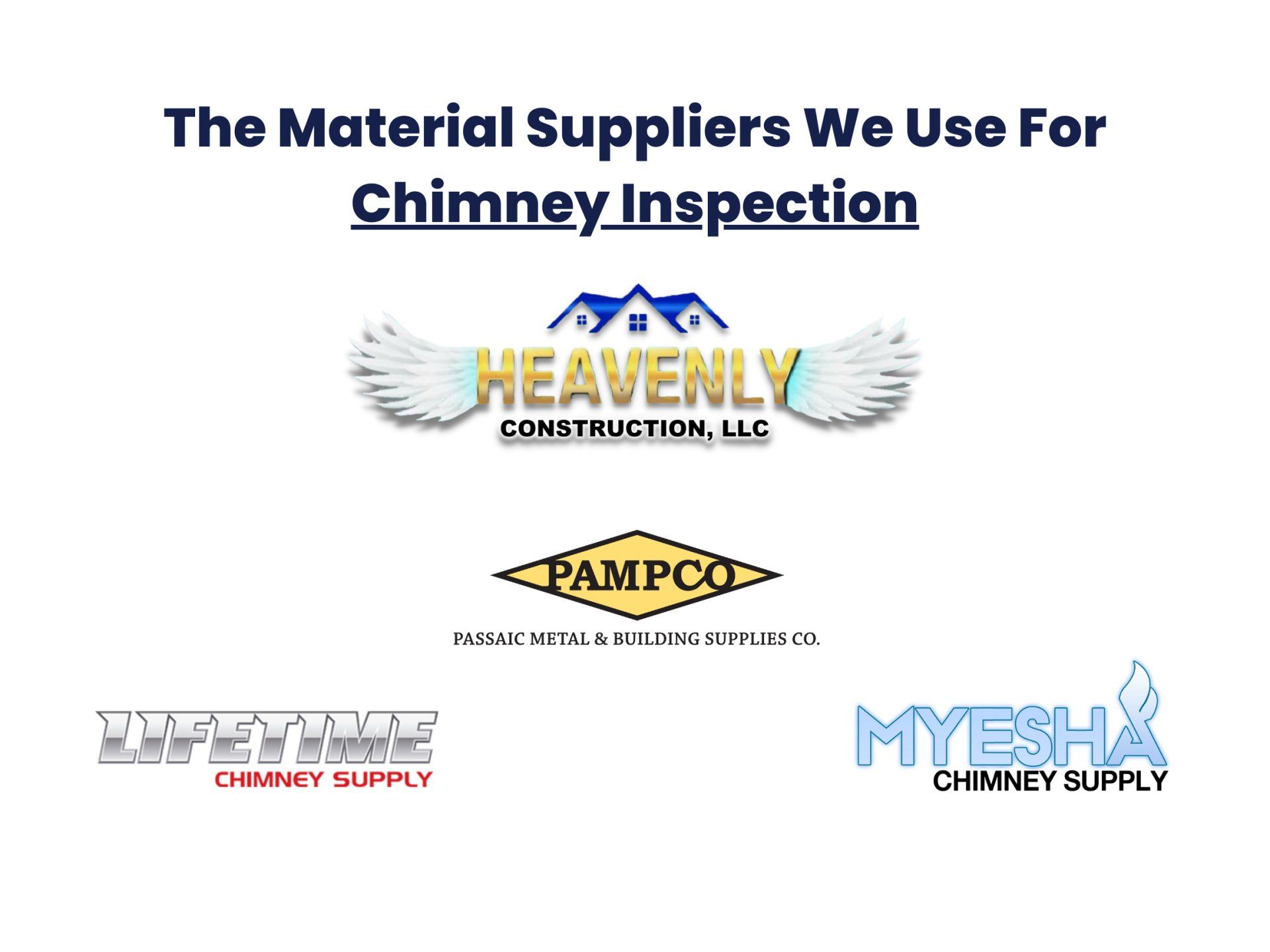 Lifetime Chimney Supply, Pampco Passaic Metal & Building Supplies Co. & Myesha Chimney Supply logos.