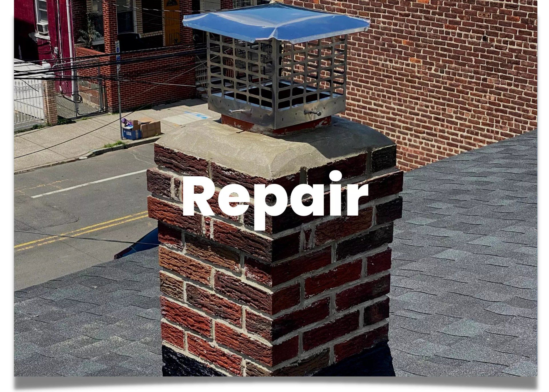 Chimney repair that had its cap replaced, crown restored, and flashing repaired.