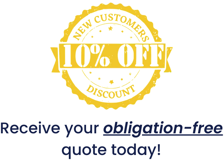 Ten percent off discount stamp for new customers receiving an obligation-free quote.