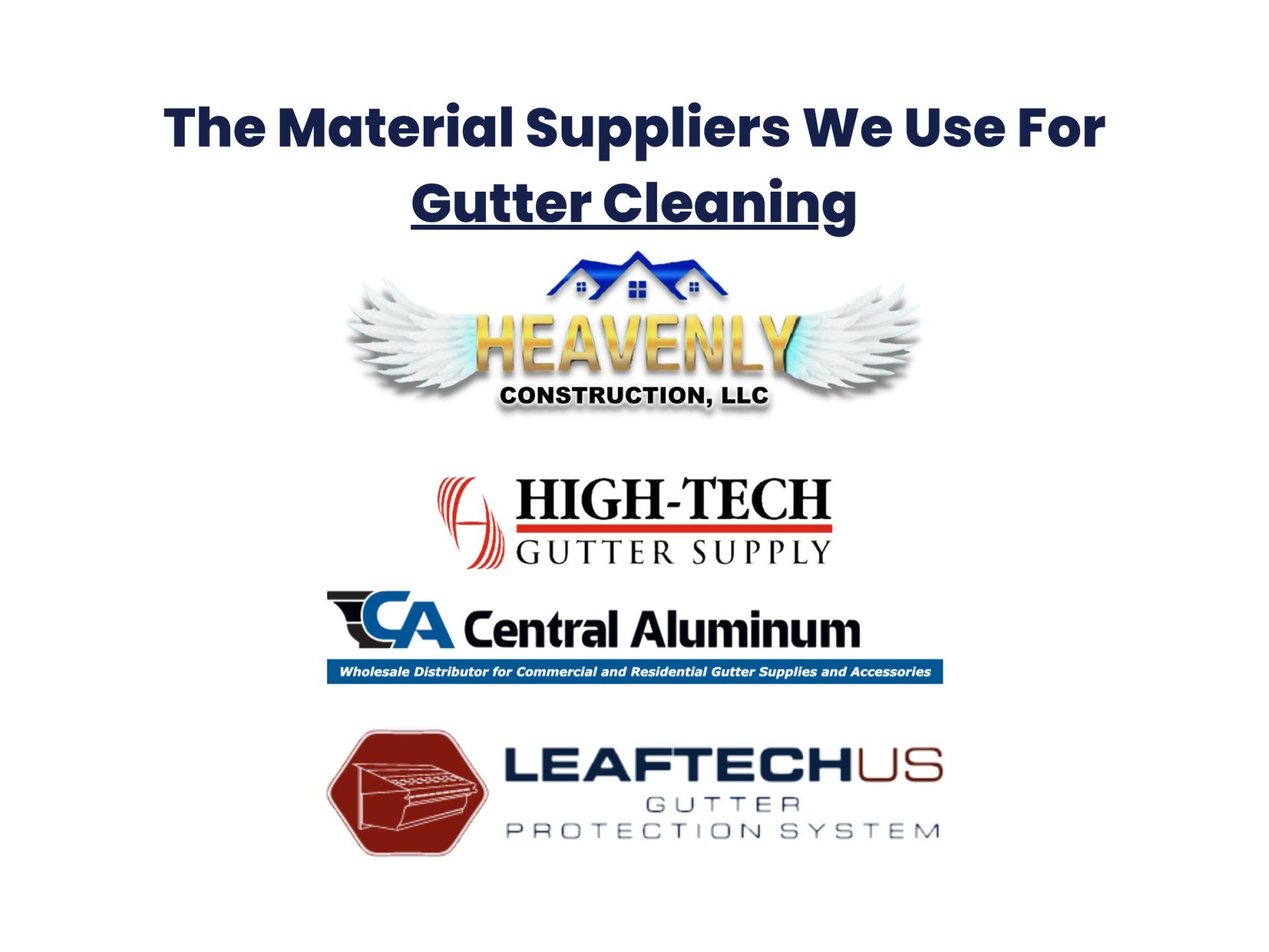 High-Tech Gutter Supply, Central Aluminum, and LEAFTECH US logos.