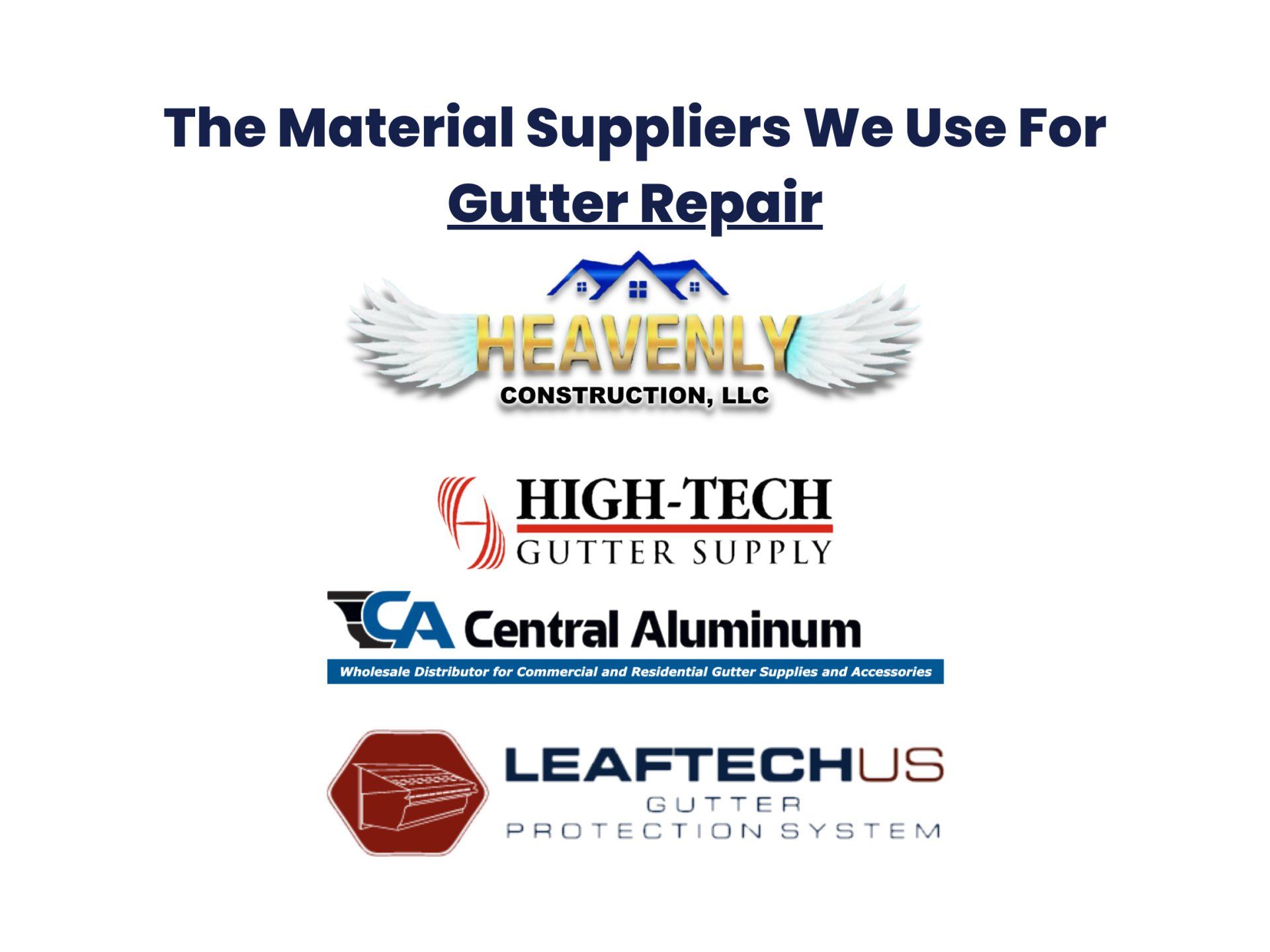 High-Tech Gutter Supply, Central Aluminum, and LEAFTECH US logos.