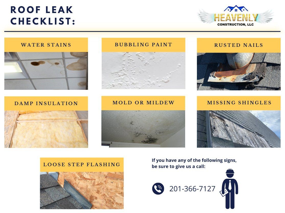 Checklist that Heavenly Construction provides for clients to identify signs of a roof leak.