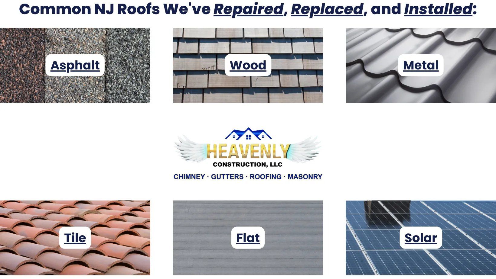 Asphalt, wood, metal, tile, flat, and solar roofing materials.