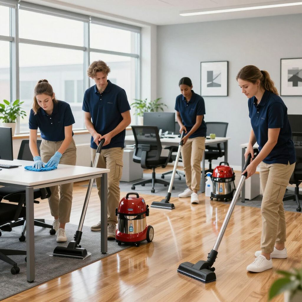 Office cleaners in blue shirts and tan pants cleaning a brightly lit office with vacuums and cleaning supplies.
