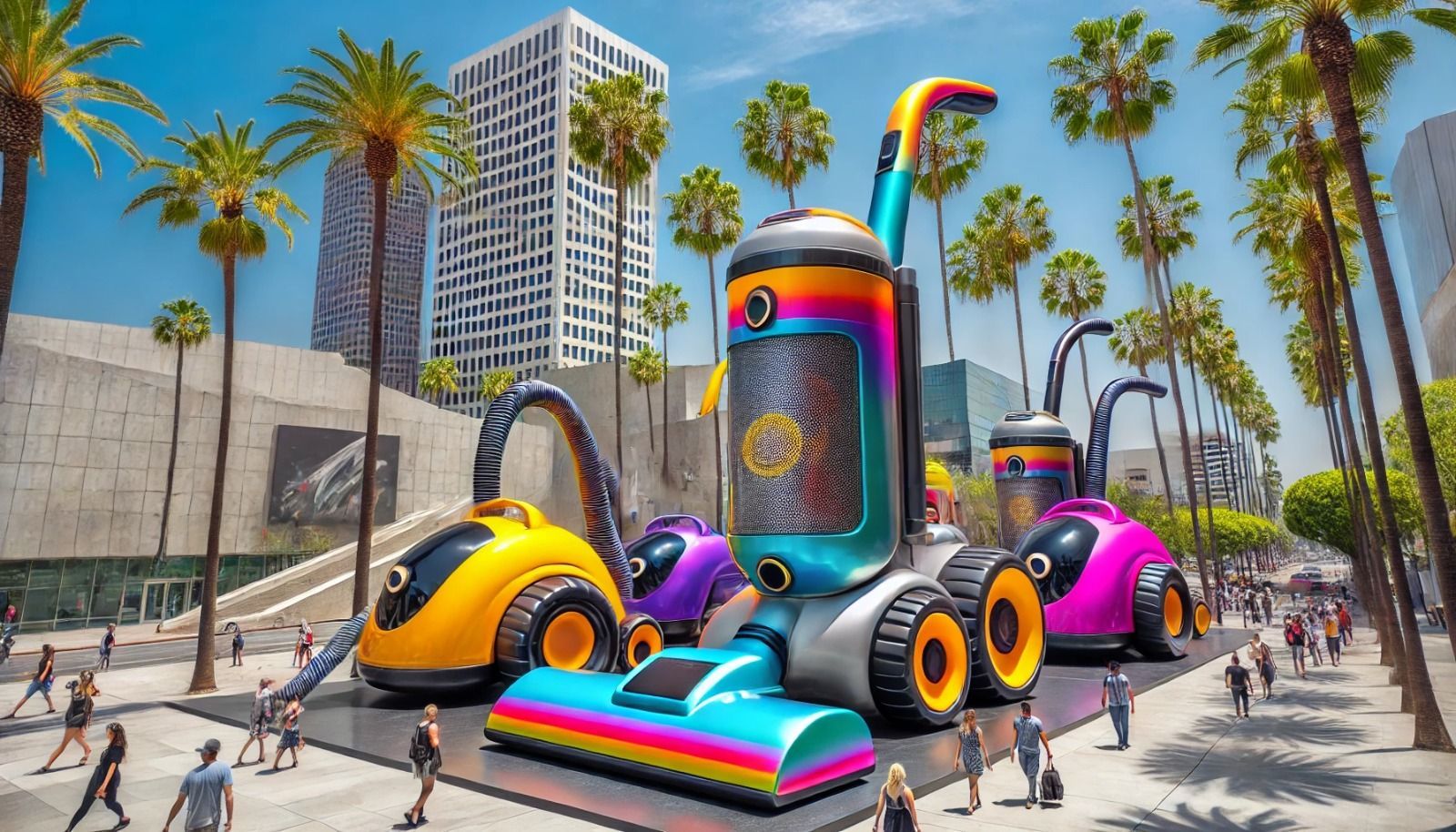 A group of colorful home cleaning professional vacuum cleaners are sitting on top of each other on a city street.