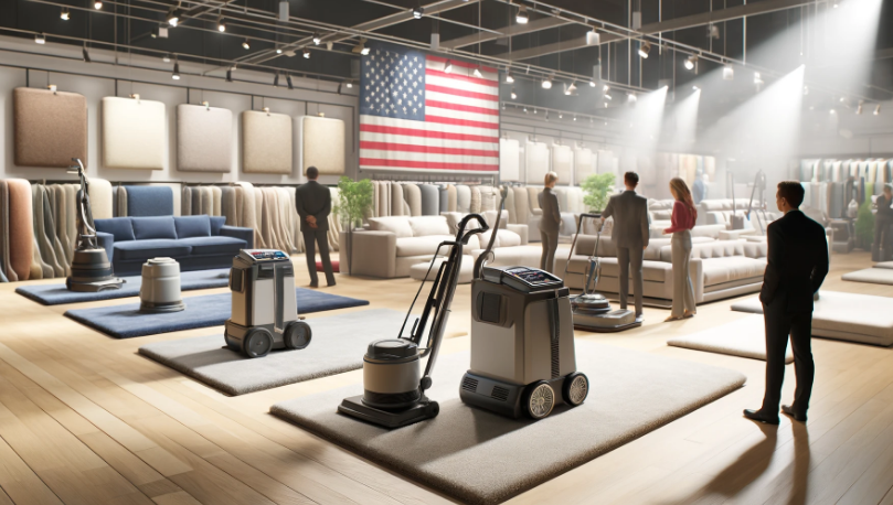 A group of people are standing in a store looking at vacuum cleaners.