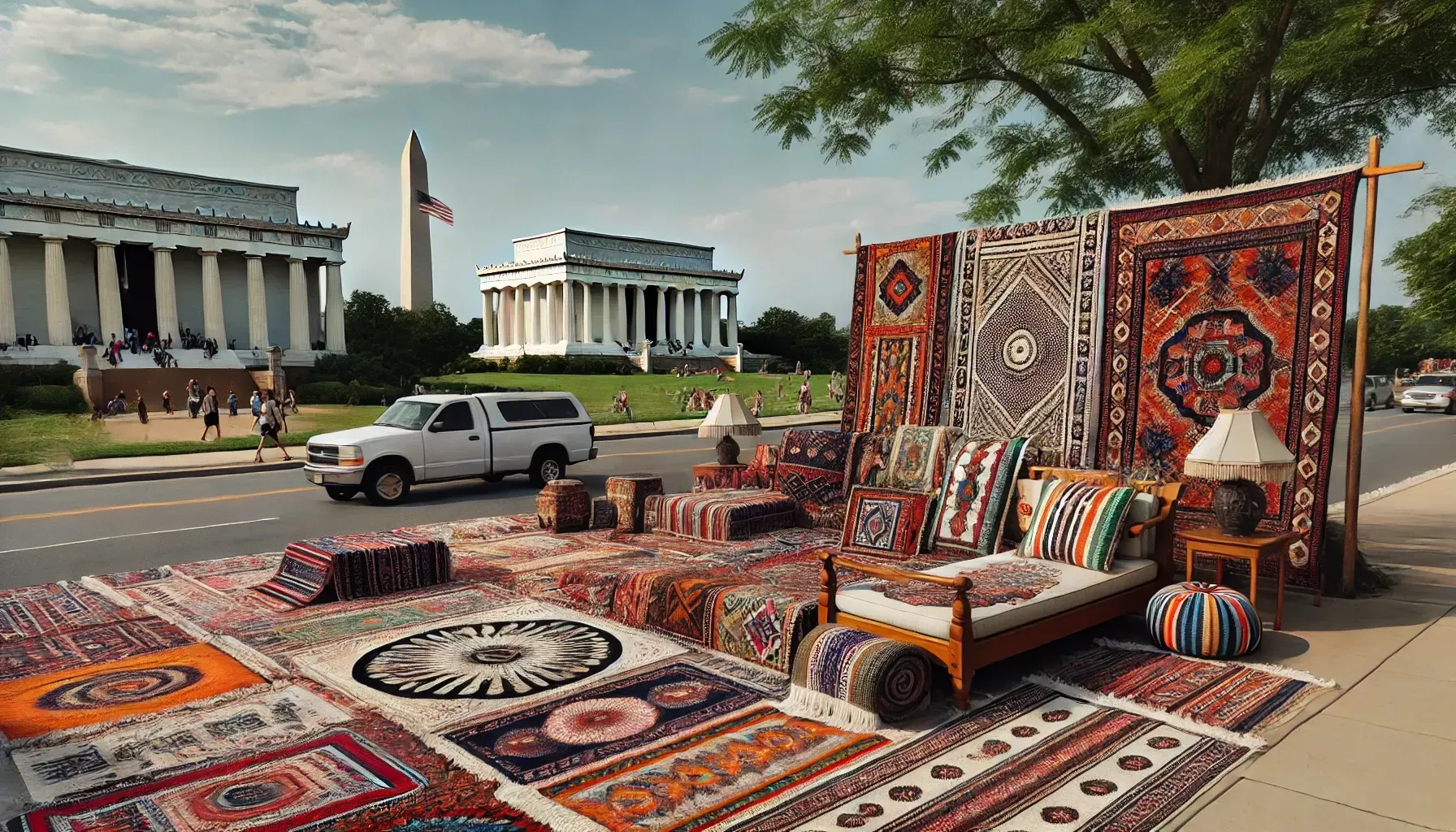 carpet cleaners A bunch of rugs are sitting on the sidewalk in front of the lincoln memorial.