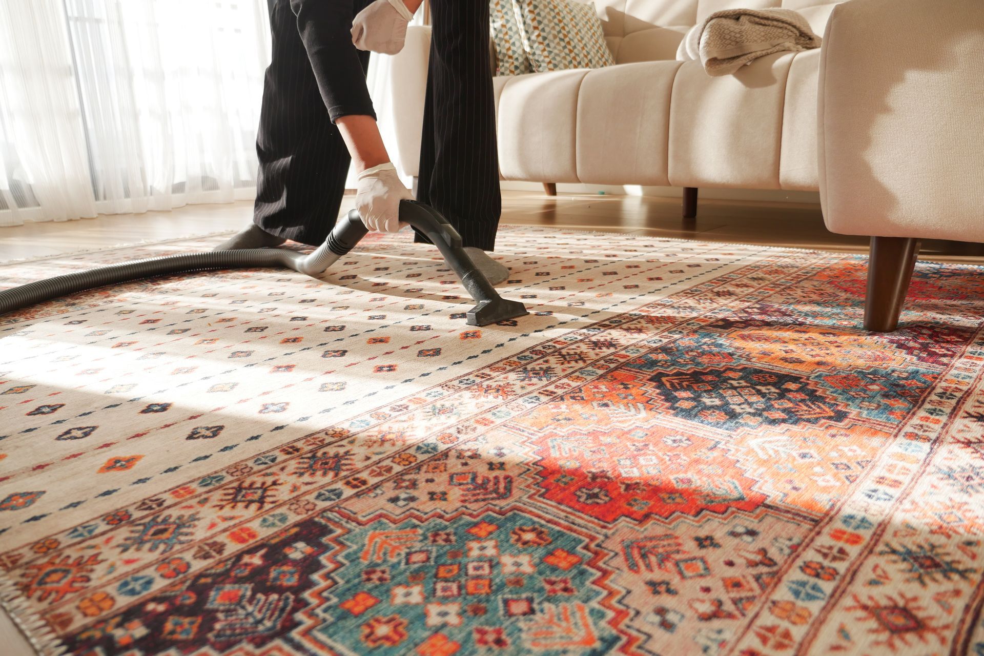 A person is vacuuming a rug in a living room, carpet and rug cleaning