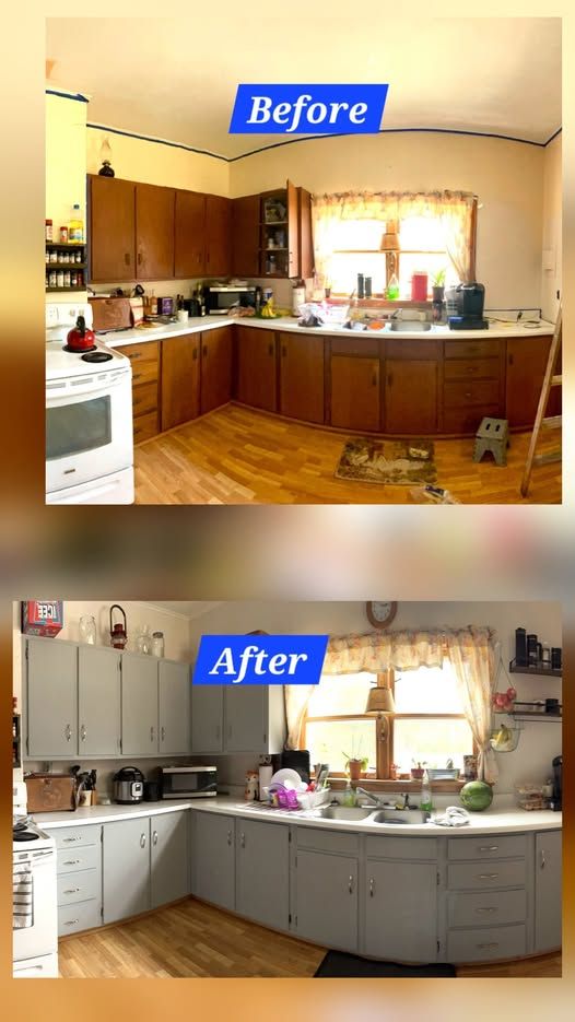 A before-and-after comparison of a kitchen showing dark wood cabinets updated with light grey paint.