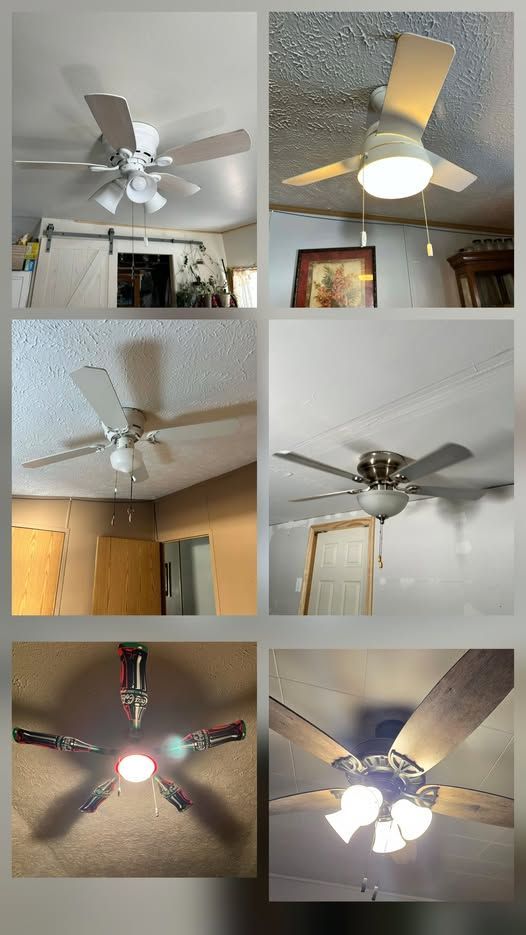 A collage of six different ceiling fans, varying in design, blade color, light fixture style, and room setting.
