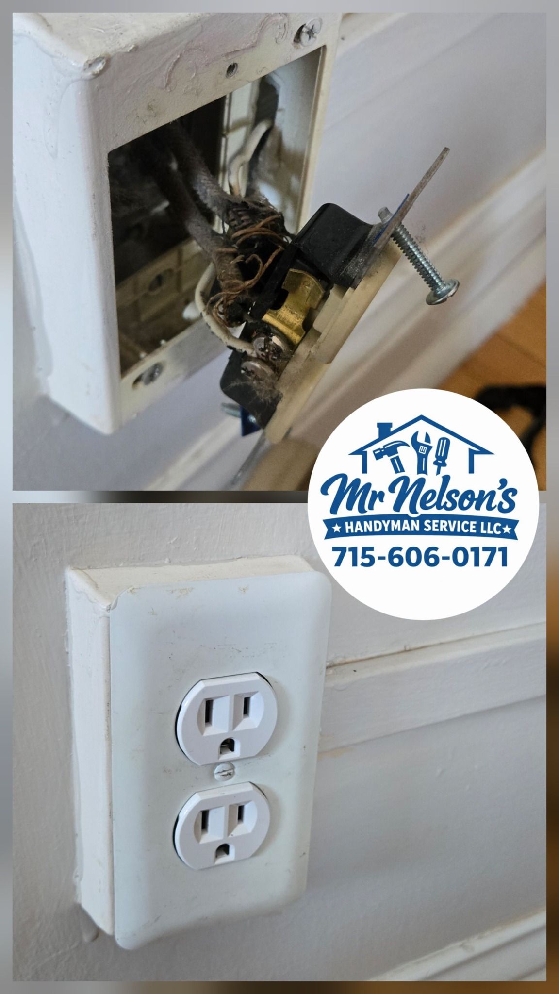 A two-part image showing an electrical outlet being repaired and then successfully reinstalled with a new faceplate.