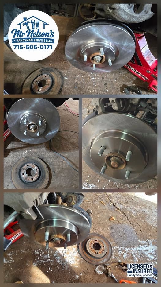 A collage showing the replacement of rusty car brake rotors with new, shiny ones during an auto repair.