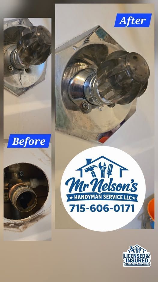 Before and after photos of a shower faucet repair with the Mr. Nelson’s Handyman Service logo and contact information.