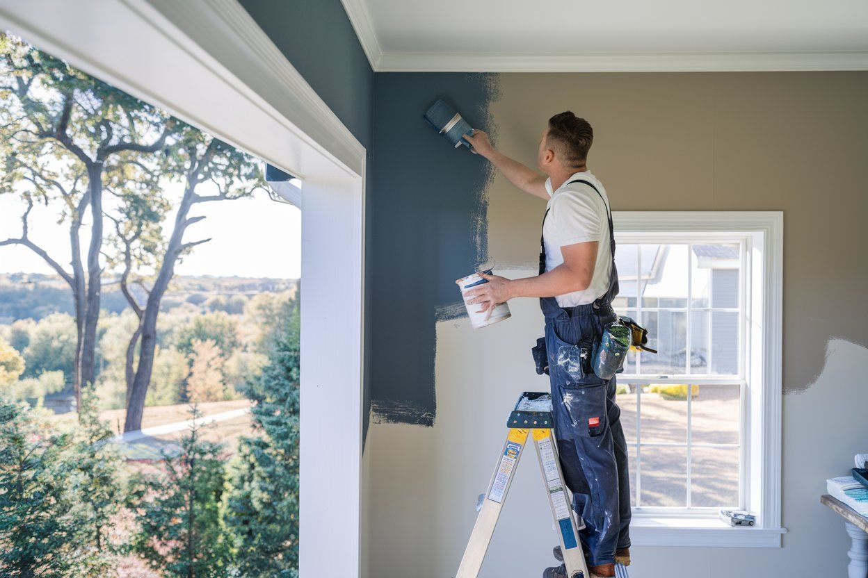 a person is painting a light blue wall with a white paint roller
